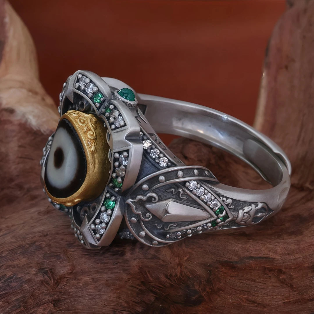 Intricate hand-carved Wisdom Sword ring, showcasing artisan jewelry art inspired by sacred Tibetan Buddhist Jewelry Culture.