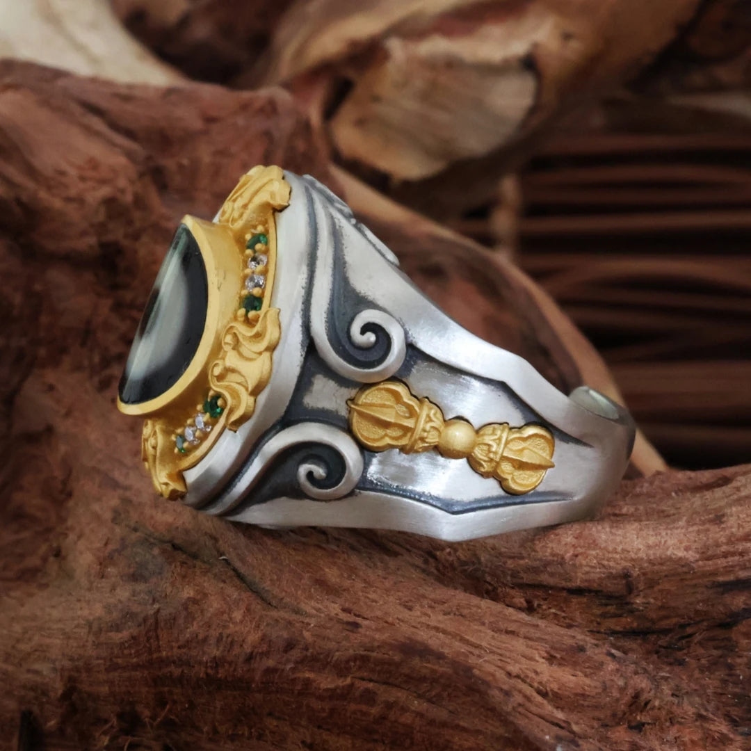 Bonding Beads ring featuring hand-painted Vajra eye details, a unique piece of Tibetan Buddhist Jewelry Culture jewelry art.