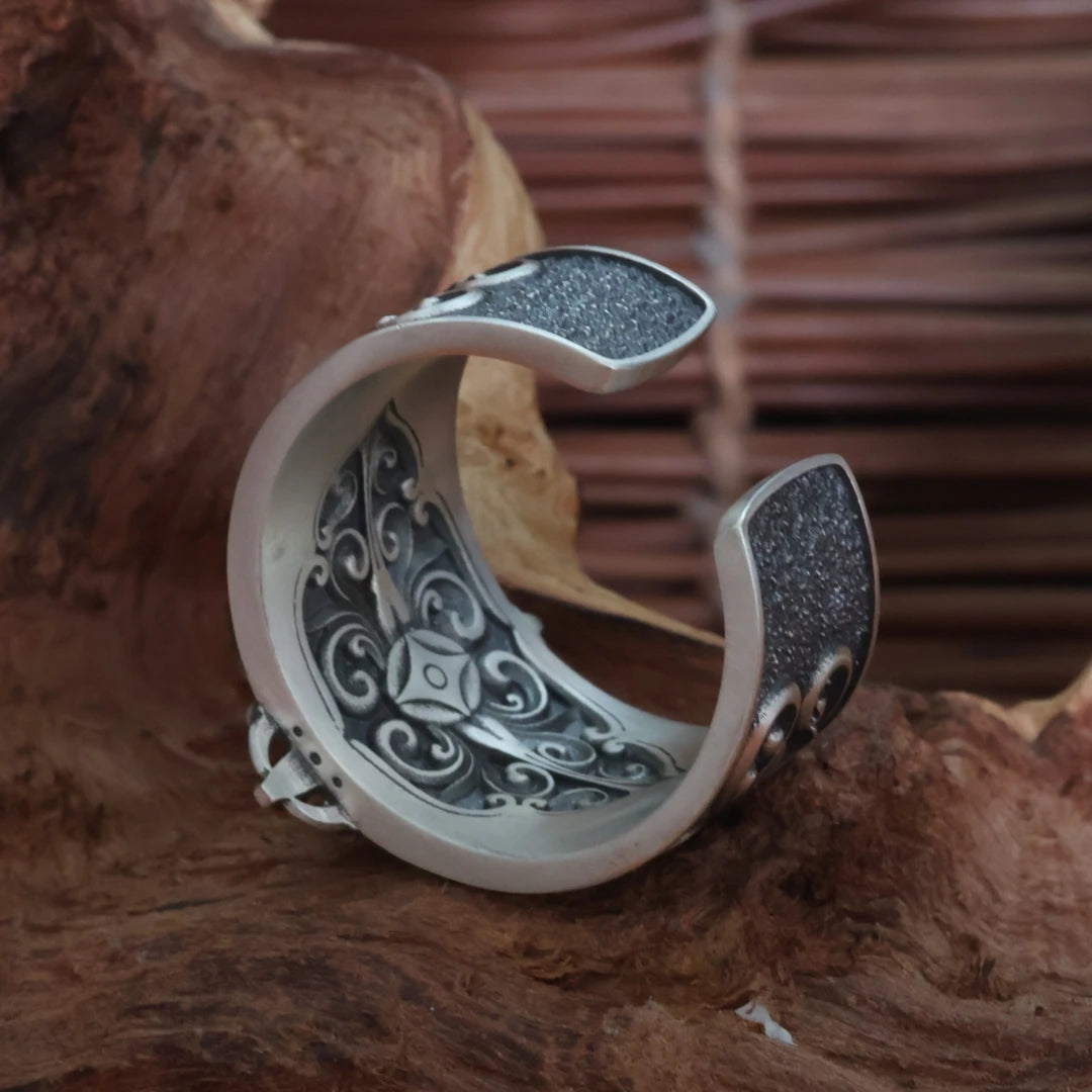 Intricate 3D hand-carved Vajra ring, showcasing artisan jewelry art inspired by sacred Tibetan Buddhist Jewelry Culture.