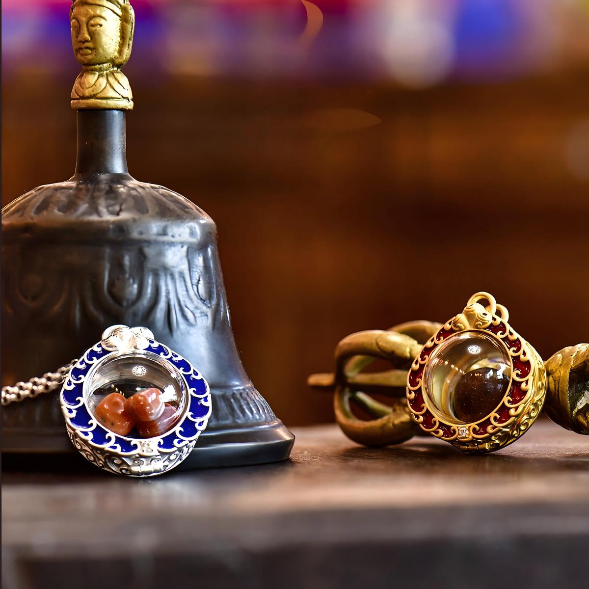 Tibetan Buddhist Jewelry Culture: Exquisite brass gold and silver plated gau box, a masterpiece of Tibetan Buddhist sacrificial implements culture.