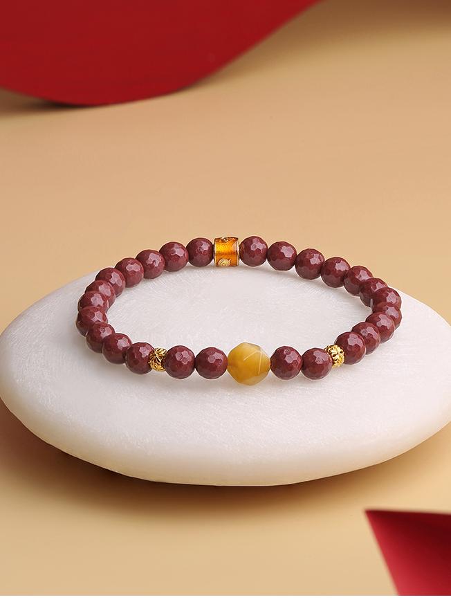 Tibetan Buddhist Jewelry Art: Handmade Cinnabar, Quartz, and Tiger Eye Beads Bracelet, 'Red Years' design for spiritual protection and mindful abundance.
