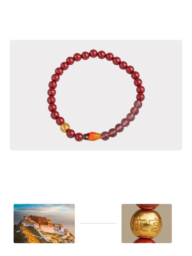 Tibetan Buddhist Jewelry Culture: Hand-Painted Cinnabar Strawberry Crystal Healing Bracelet for emotional wellness and positivity