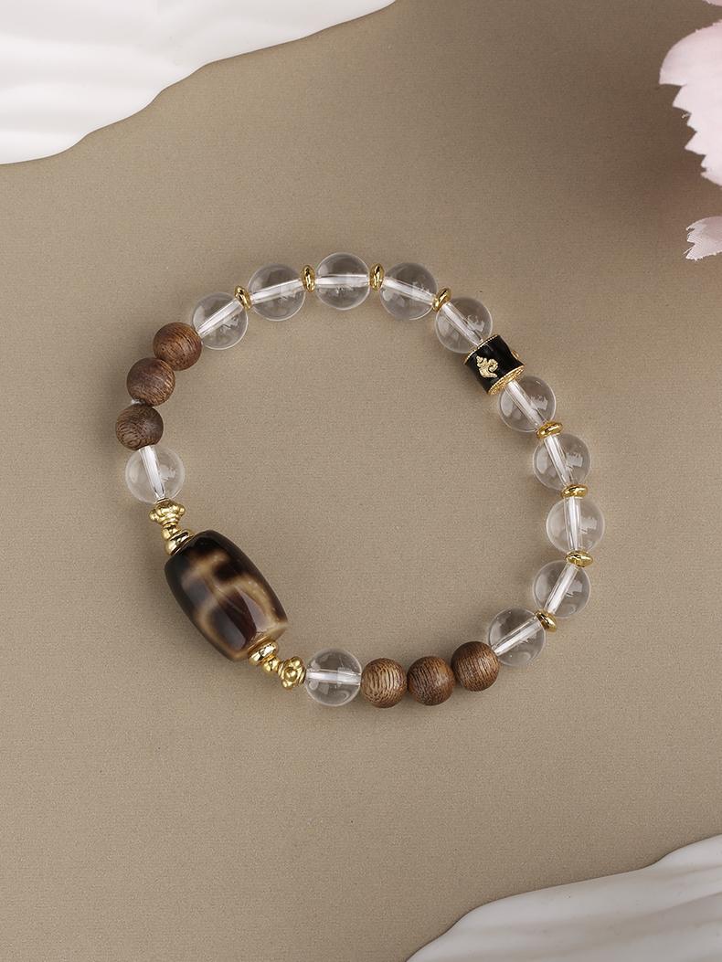 Tibetan Buddhist Jewelry Art: Hand-Painted Clear Quartz Dzi Beads Bracelet featuring sacred Tibetan Buddhist symbols and mantras
