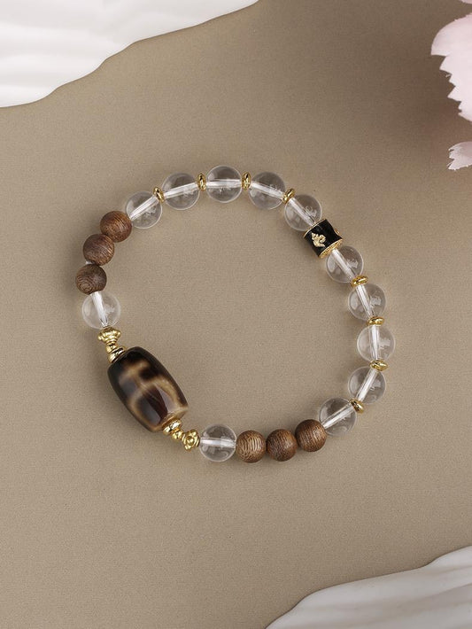 Tibetan Buddhist Jewelry Art: Hand-Painted Clear Quartz Dzi Beads Bracelet featuring sacred Tibetan Buddhist symbols and mantras