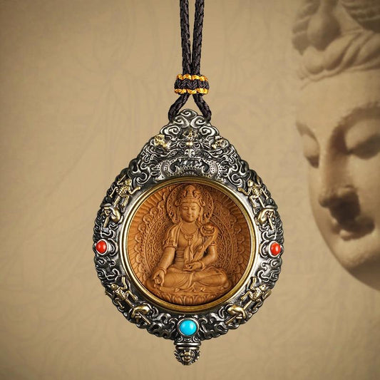 Handcrafted copperwood pendant inlaid with silver and sandalwood, featuring Zodiac Birth Buddha design, inspired by Tibetan Buddhist jewelry culture and fine jewelry art, perfect for daily wear or spiritual protection.