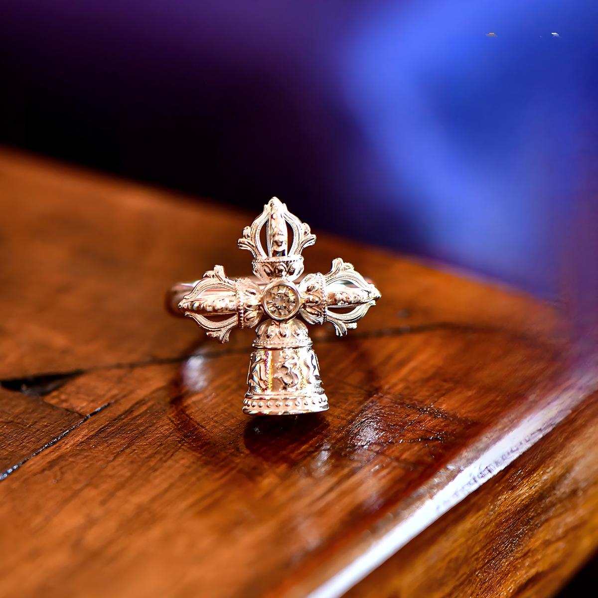 Tibetan Buddhist Jewelry Culture: Exquisite silver cross Vajra & Bell ring, a masterpiece of Tibetan Buddhist sacrificial implements culture.