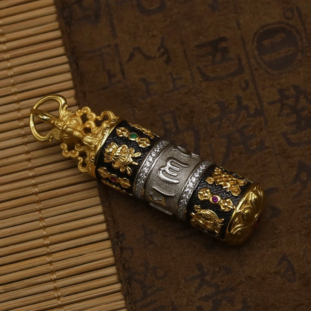 Exquisitely handcrafted silver zircon Buddhist prayer wheel pendant, blending Tibetan Buddhist jewelry culture with fine jewelry art, designed for everyday wear, meditation, or as a cherished collectible.