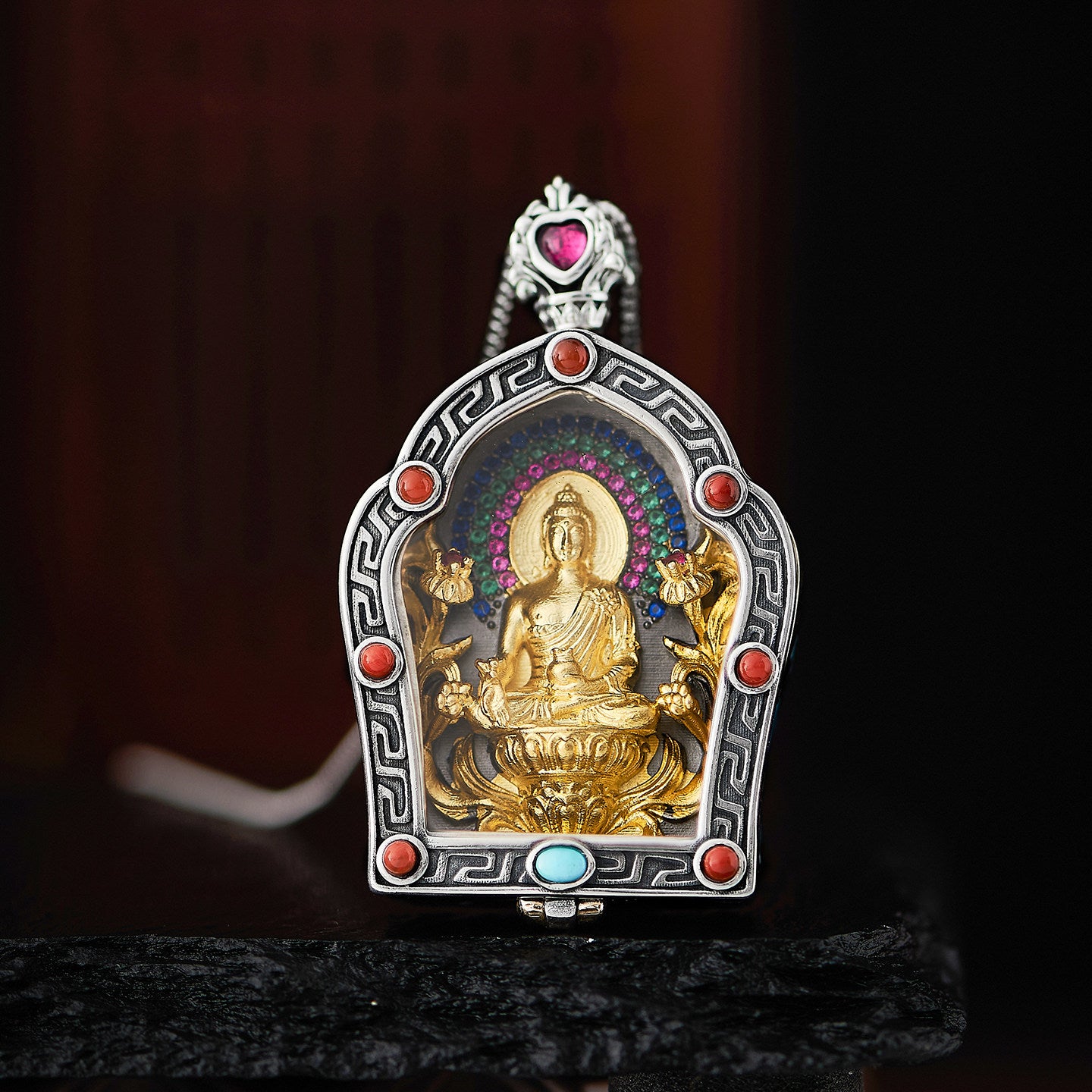 Ethnic Tibetan Bhaisajyaguru Gau Box pendant with turquoise, silver and copper, unisex spiritual necklace for protection and mindfulness, Tibetan Buddhist Jewelry Culture Jewelry art