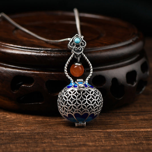 Handcrafted vintage gourd S925 silver hollow pendant, unisex Gau Box necklace for protection and blessings, Tibetan Buddhist Jewelry Culture Jewelry art