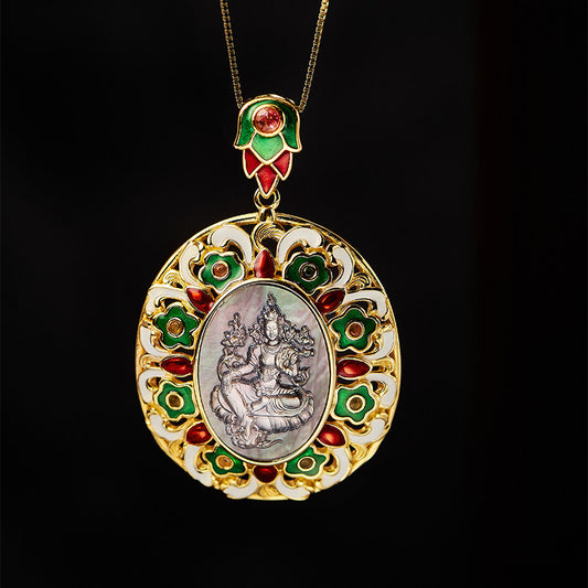 Handcrafted Green Tara enamel silver black baige hollow pendant necklace, unisex protection jewelry, Tibetan Buddhist Jewelry Culture Jewelry art