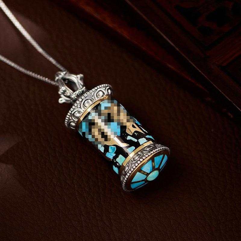 Handcrafted vintage Six-Syllable Mantra turquoise silver copper pendant, unisex Gau Box necklace, Tibetan Buddhist Jewelry Culture Jewelry art