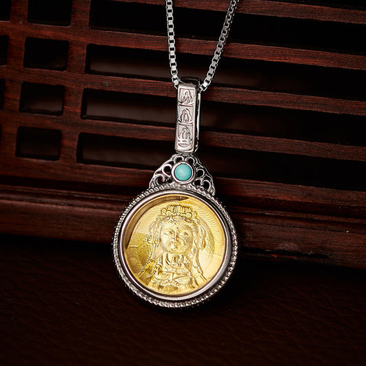 Handcrafted Tibetan-style Guanyin Bodhisattva pendant in silver and copper, unisex ethnic necklace, protective charm, Tibetan Buddhist Jewelry Culture Jewelry art