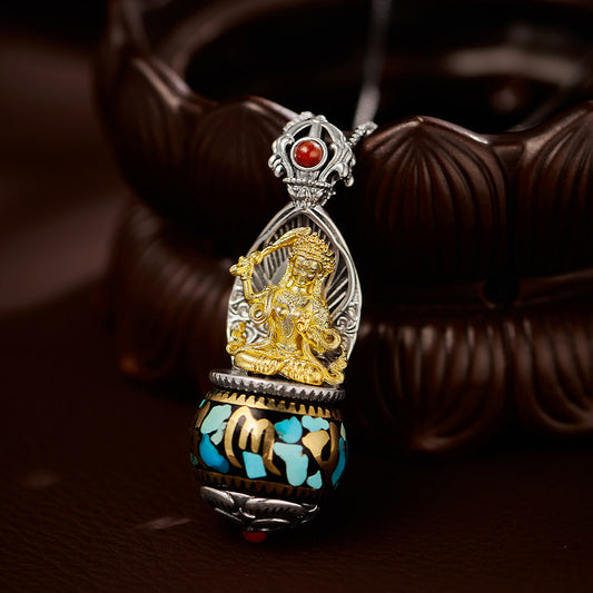 Handcrafted Tibetan-style Manjushri pendant in silver and copper with turquoise, unisex necklace for protection and spiritual guidance, Tibetan Buddhist Jewelry Culture Jewelry art
