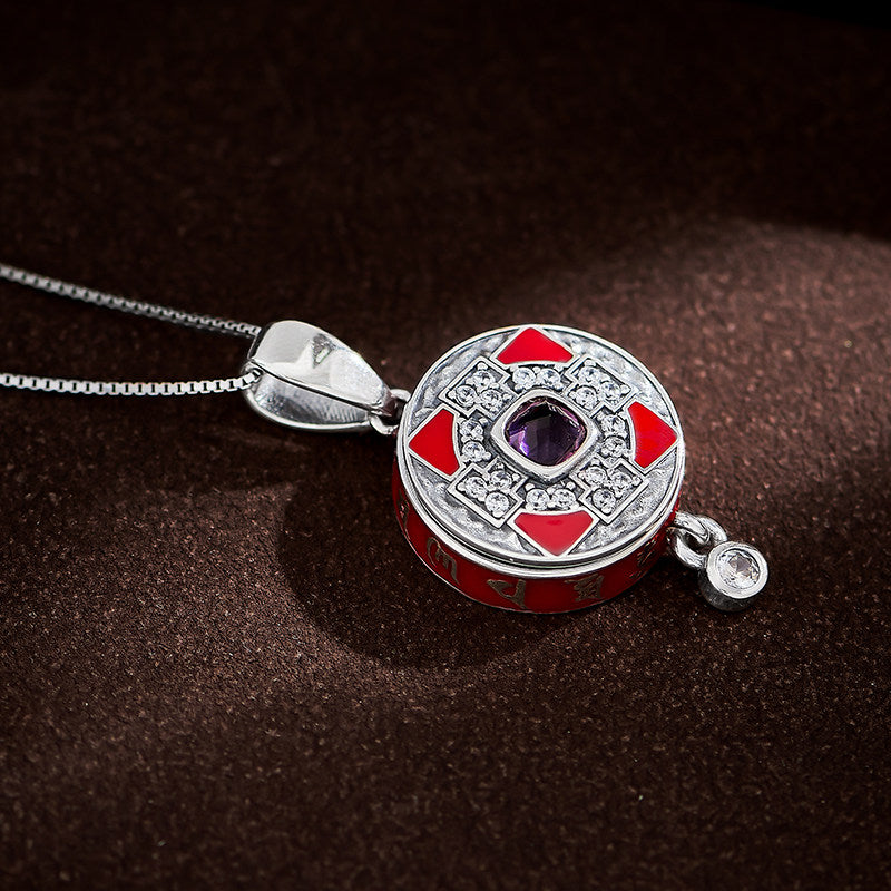 Handcrafted Tibetan-style S925 silver and resin Mantra Mahamudra pendant ring, unisex necklace, rotatable for protection and spiritual balance, Tibetan Buddhist Jewelry Culture Jewelry art