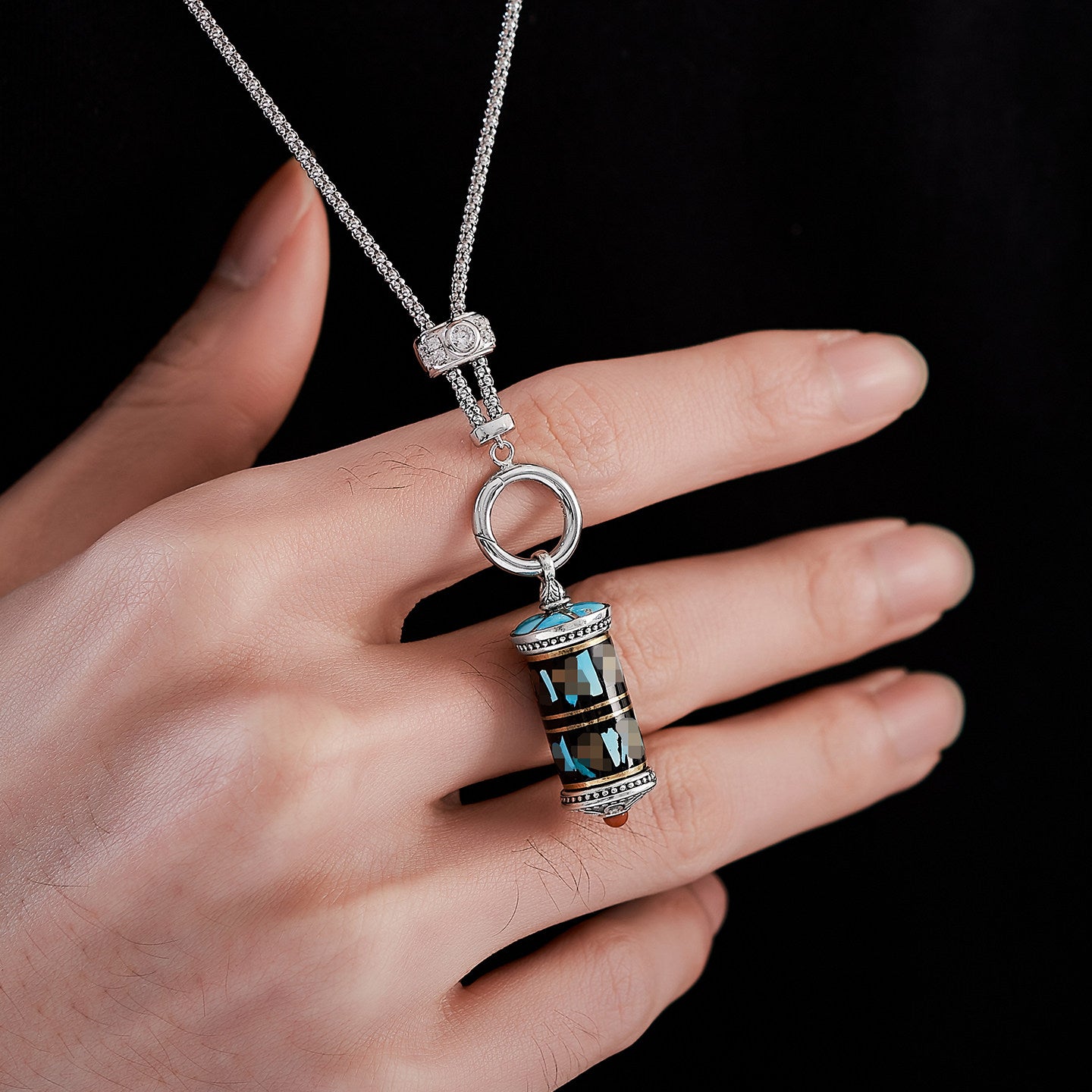 Handcrafted Tibetan-style S925 silver Mantra pendant with turquoise spinning bottle, unisex necklace, vintage ethnic style, Tibetan Buddhist Jewelry Culture Jewelry art