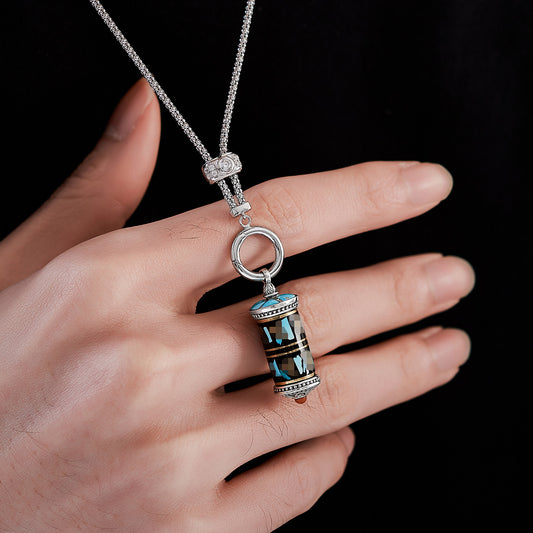 Handcrafted Tibetan-style S925 silver Mantra pendant with turquoise spinning bottle, unisex necklace, vintage ethnic style, Tibetan Buddhist Jewelry Culture Jewelry art