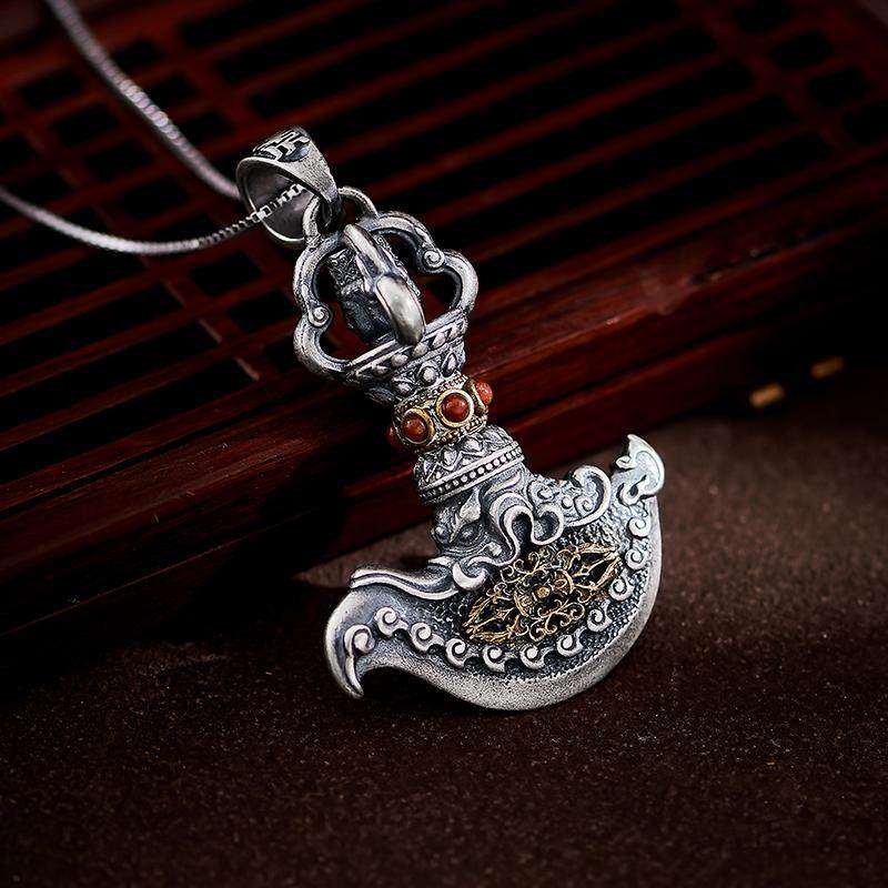Handcrafted vintage Vajra Axe S925 silver copper pendant, unisex Dorje Heart necklace, Tibetan Buddhist Jewelry Culture Jewelry art