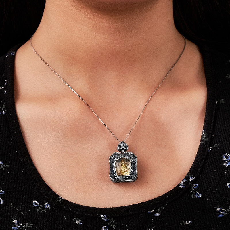 Handcrafted Yellow Jambhala square white crystal silver copper pendant, openable unisex wealth necklace, Tibetan Buddhist Jewelry Culture Jewelry art