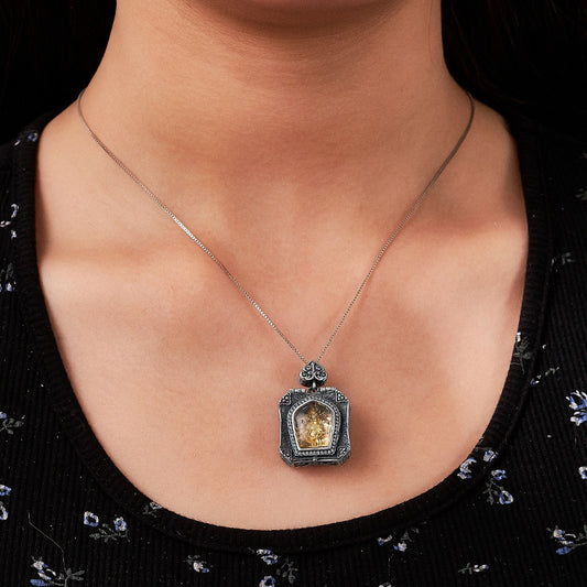 Handcrafted Yellow Jambhala square white crystal silver copper pendant, openable unisex wealth necklace, Tibetan Buddhist Jewelry Culture Jewelry art