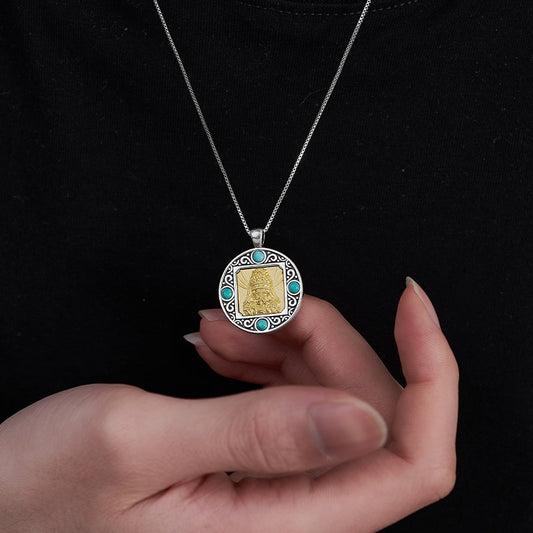  Handcrafted Tibetan-style Zakilam round silver pendant, unisex necklace, minimalist daily wear, Tibetan Buddhist Jewelry Culture Jewelry art