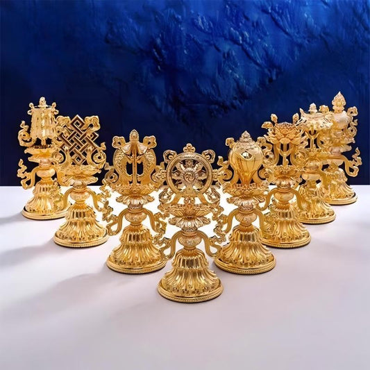 Artisan pure copper Ashtamangala gilt art, showcasing fine jewelry art inspired by sacred Tibetan Buddhist Jewelry Culture.