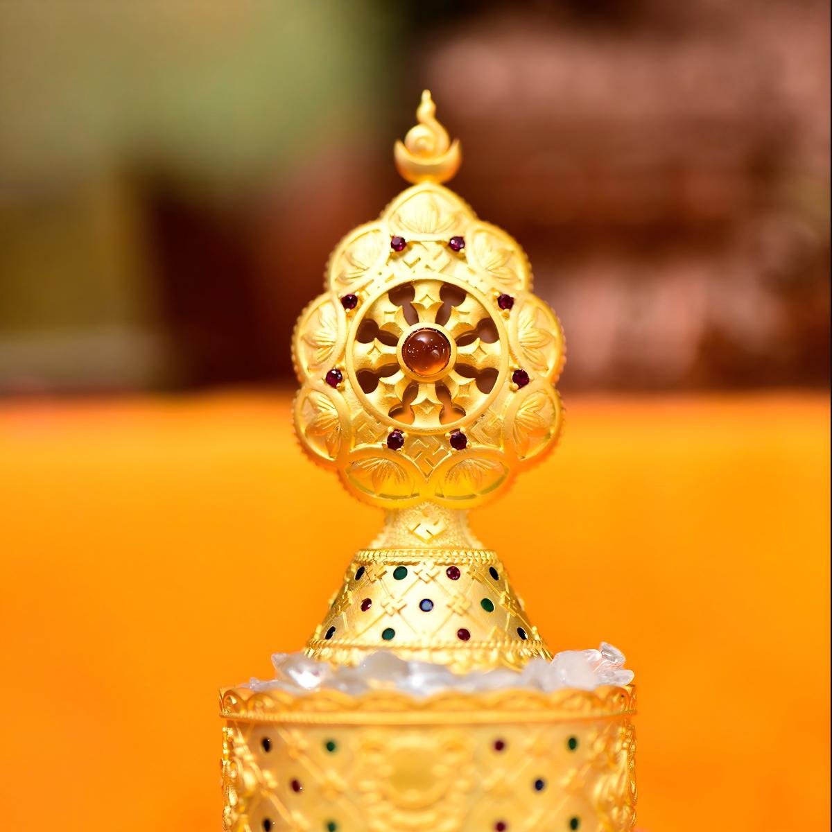 Tibetan Buddhist Jewelry Culture: Hand-carved gilded brass mandala offering set representing the universe, peak of Buddhist sacrificial items art.