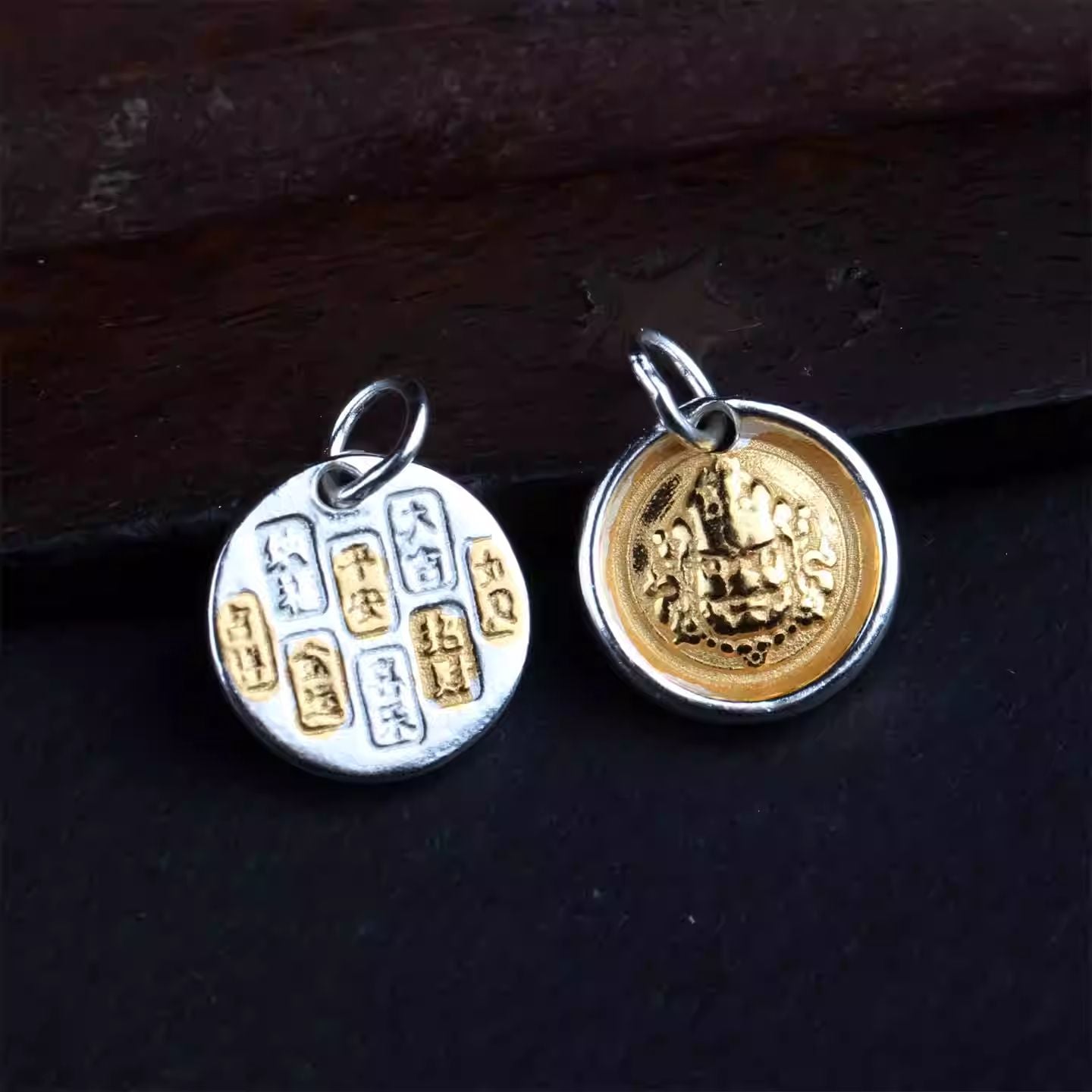 Authentic handmade silver gold-plated Yellow Wealth God charm, showcasing jewelry art and Tibetan Buddhist Jewelry Culture.