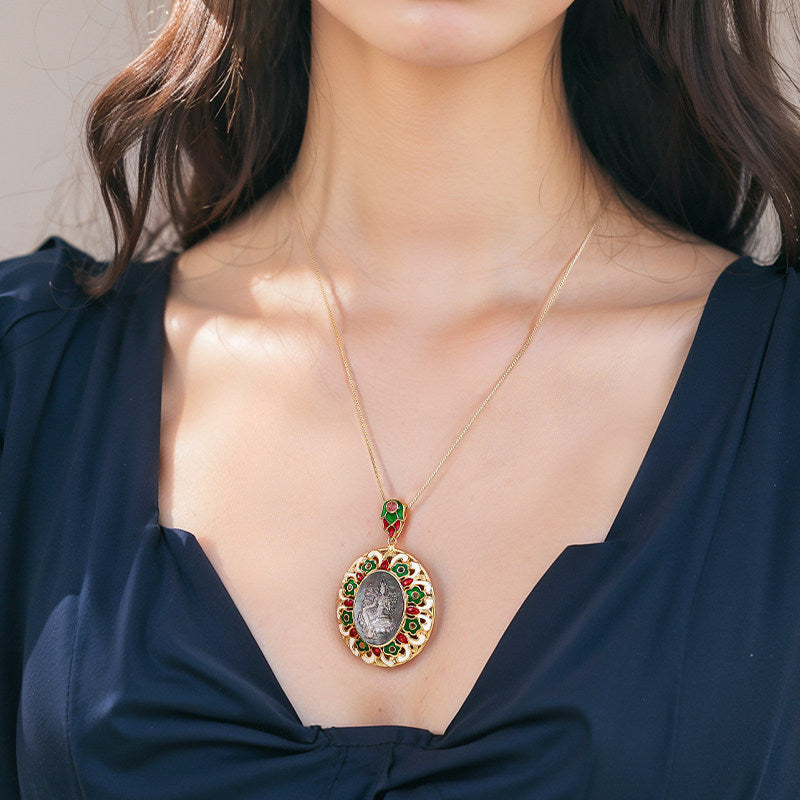 Tibetan Green Tara enamel silver black baige necklace, vintage unisex collar pendant for peace and blessings, Tibetan Buddhist Jewelry Culture Jewelry art