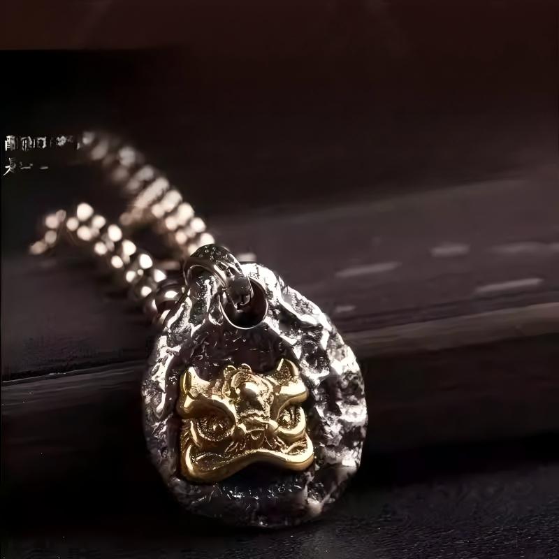 Handmade vintage stone slice necklace with Lion Dance motif, showcasing modern Jewelry art and tradition.
