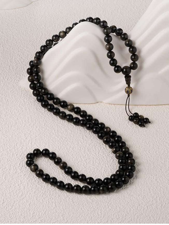 Tibetan Buddhist Jewelry Art: Traditional 108 Golden Obsidian Mala, handcrafted Buddhist prayer beads