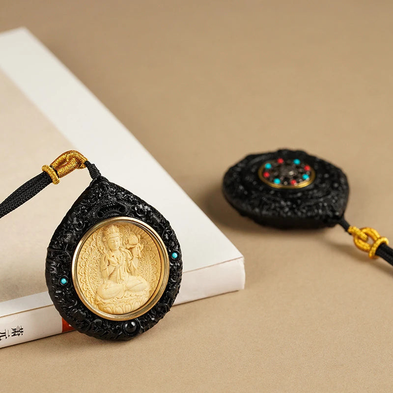 Hand-painted blackwood Birth Buddha double-sided pendant, showcasing Tibetan Buddhist jewelry culture and fine jewelry art craftsmanship, a spiritual accessory ideal for enhancing luck, protection, and personal style.
