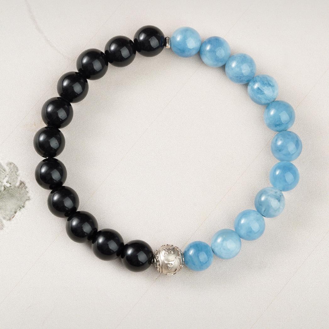 Tibetan Buddhist Jewelry Culture: Handmade Sea Sky Moon Obsidian Aquamarine Beads connecting earthly and spiritual realms