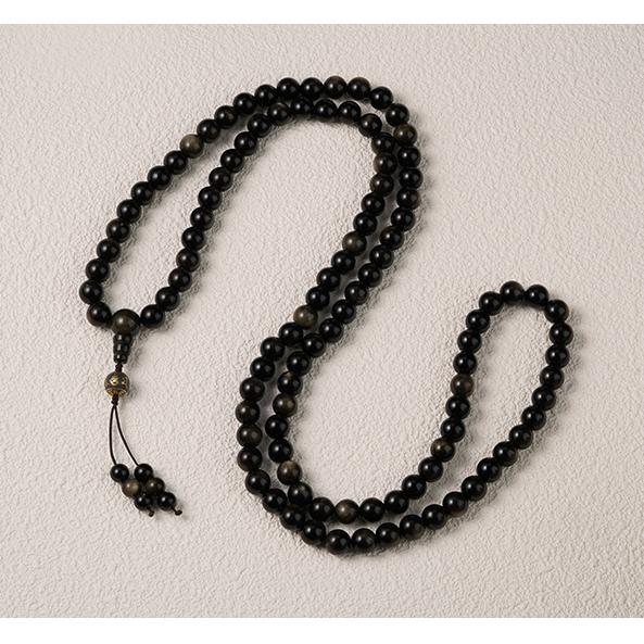 Tibetan Buddhist Jewelry Art: Golden Obsidian Buddhist Mala with 108 beads, ideal for prayer and meditation