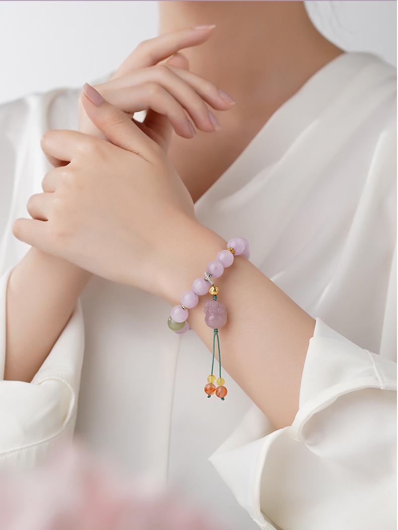 Tibetan Buddhist Jewelry Art: Kunzite Mala Bracelet with Agate Crystal for protection and spiritual growth