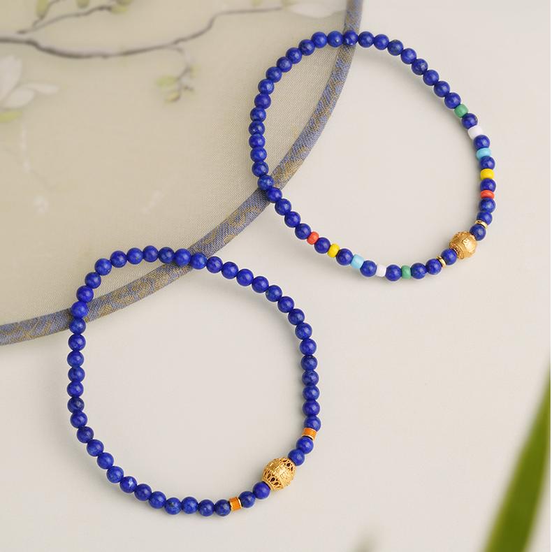 Tibetan Buddhist Jewelry Culture: Handmade "Li Ying" and "Qing Mang" Lapis Lazuli Dual Bracelets set