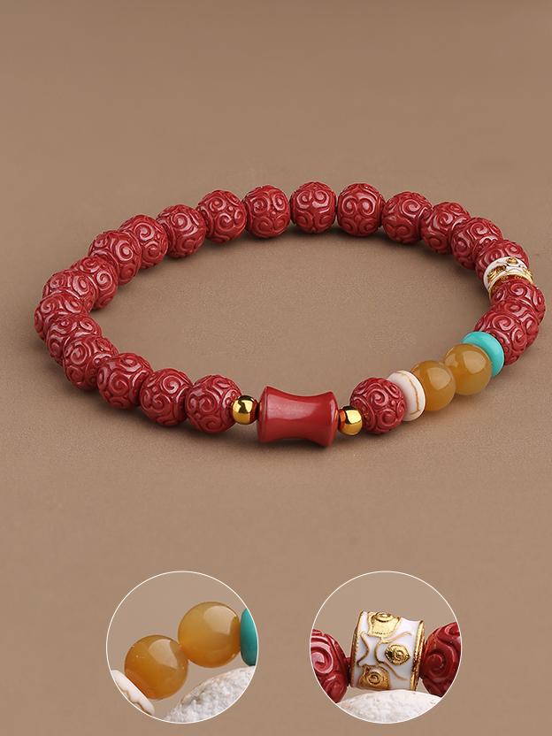 Tibetan Buddhist Jewelry Culture: Blissful Lotus Cinnabar Beads Bracelet, hand-painted for meditation and inner peace