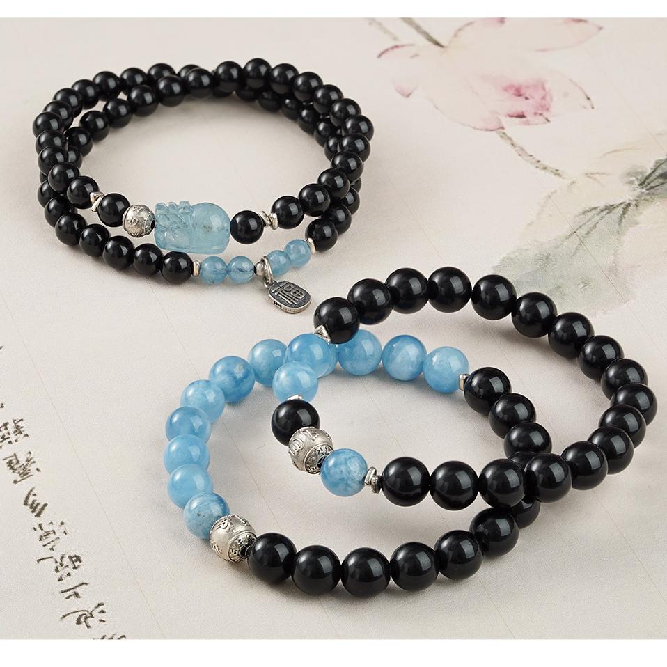 Tibetan Buddhist Jewelry Culture: Handmade Obsidian Aquamarine Multi-Wrap Bracelet for extended meditation