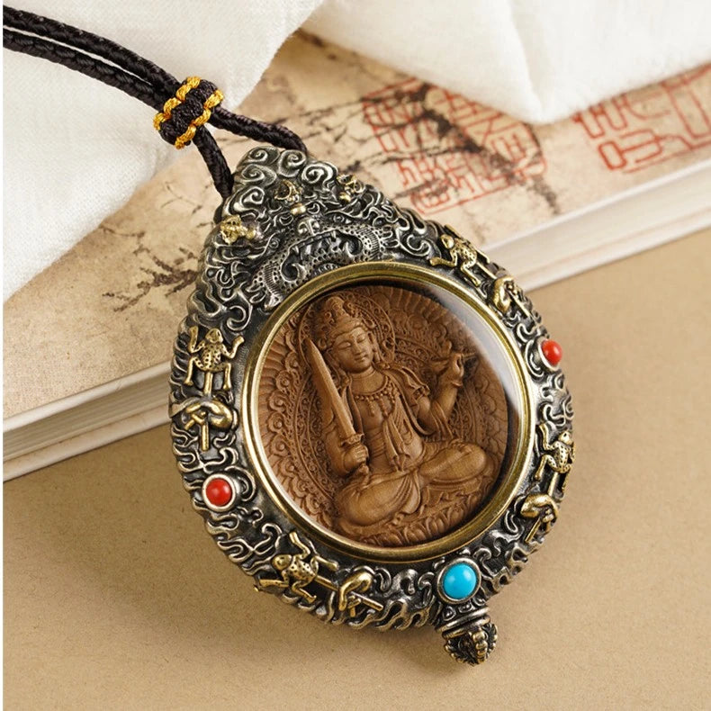 Unique handmade copperwood pendant inlaid with silver and sandalwood, carved with Birth Buddha and Zodiac symbols, reflecting Tibetan Buddhist jewelry culture and artisan jewelry art, suitable for collectors and spiritual practitioners.