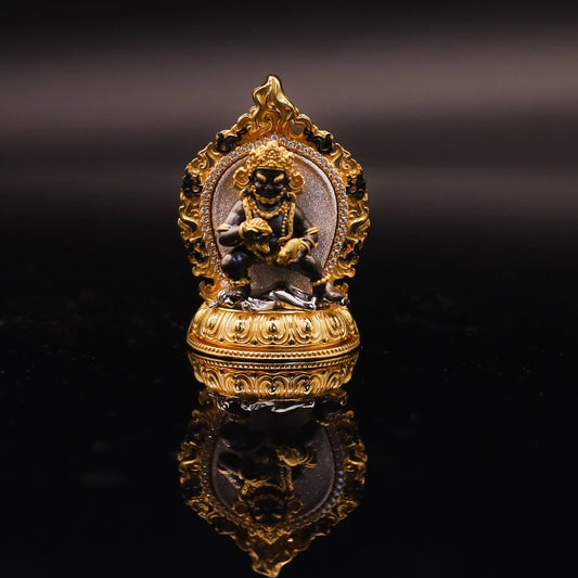 Handcrafted silver zircon Black Jambhala pendant, inspired by Tibetan Buddhist jewelry culture and jewelry art, featuring intricate carvings for spiritual protection and prosperity.