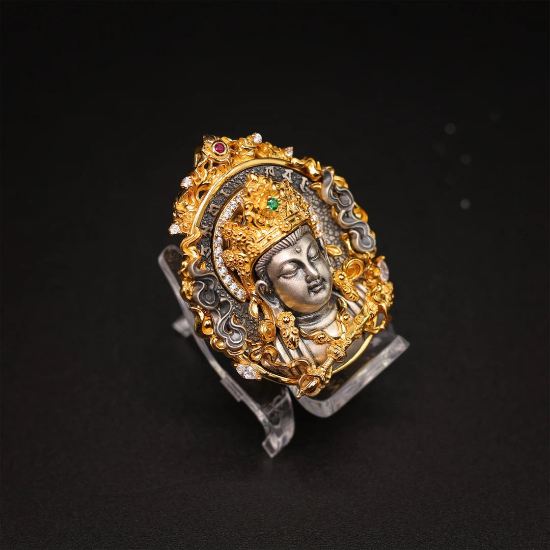 Hand-painted silver zircon Manjushri Bodhisattva pendant, highlighting Tibetan Buddhist jewelry culture and jewelry art craftsmanship, a spiritual accessory ideal for wisdom, protection, and personal style.