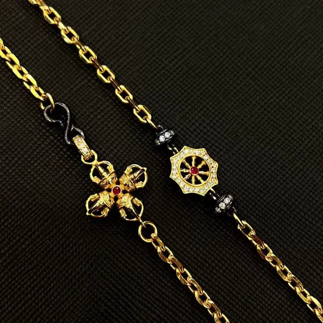 Hand-painted silver zircon Vajra Eight Symbols silver chain, reflecting Tibetan Buddhist jewelry culture and detailed jewelry art, ideal for meditation, daily wear, or spiritual gifting.