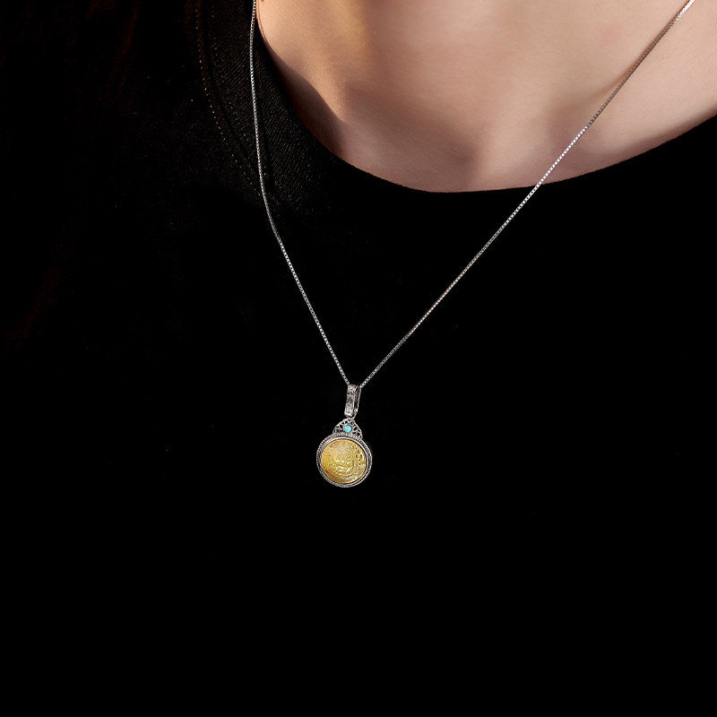 Vintage Tibetan 3D Yellow Jambhala silver copper pendant, spiritual protection and prosperity necklace, Tibetan Buddhist Jewelry Culture Jewelry art