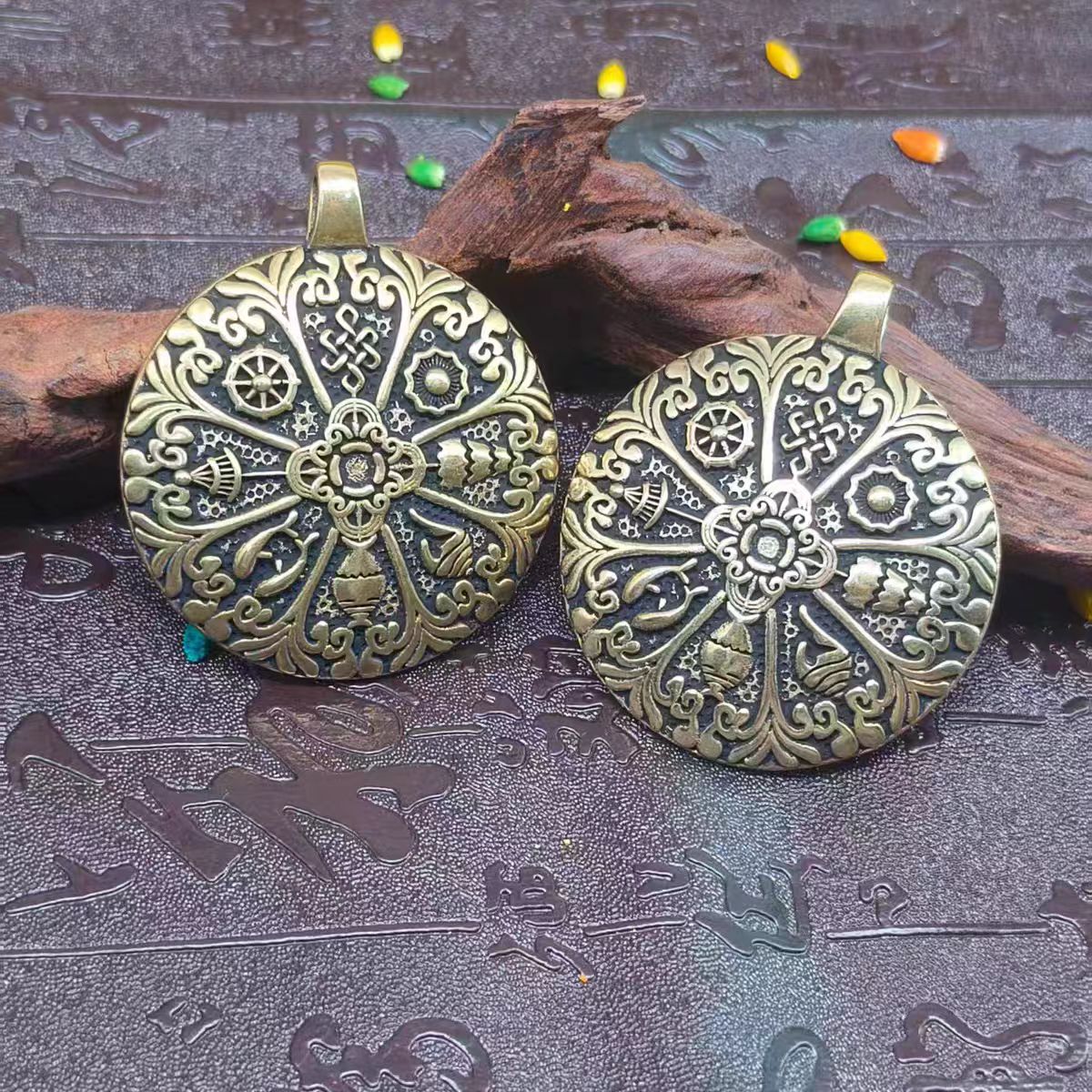 Handcrafted Tibetan Buddhist brass Bagua pendant, an ethnic jewelry art piece symbolizing luck, protection, and spiritual balance.