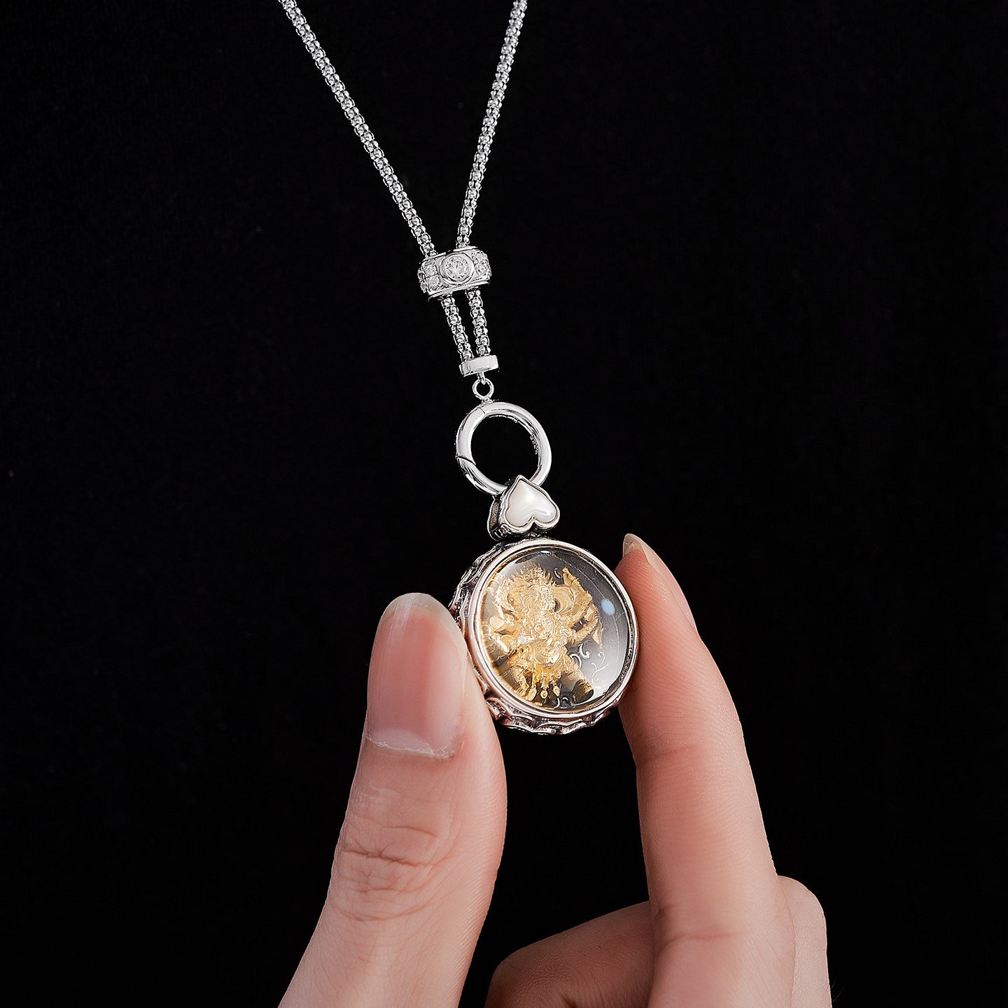 Handcrafted Tibetan Buddhist Mahakala pendant in oxidized S925 silver with white shell, copper plated, guardian amulet for protection, Jewelry Art.