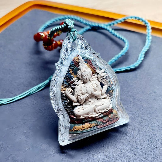 Hand-painted Tibetan Buddhist Four-Armed Avalokiteshvara pendant with multicolor Thangka in Gau box, handcrafted jewelry art offering protection, compassion, and blessings.