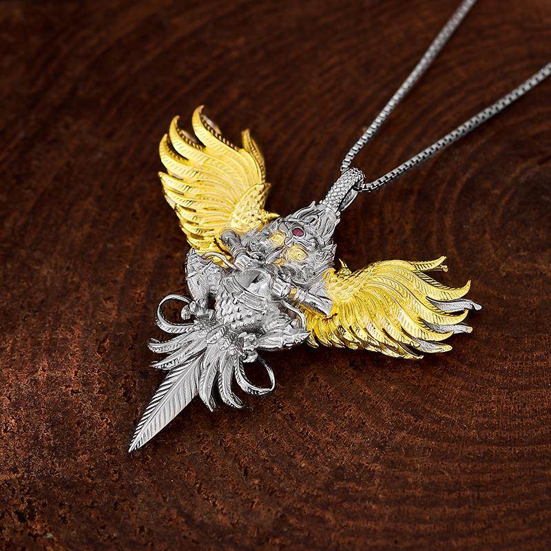Handcrafted Tibetan Buddhist 3D Garuda pendant in S925 silver with copper inlay, ethnic guardian amulet necklace for men and women, Jewelry Art.