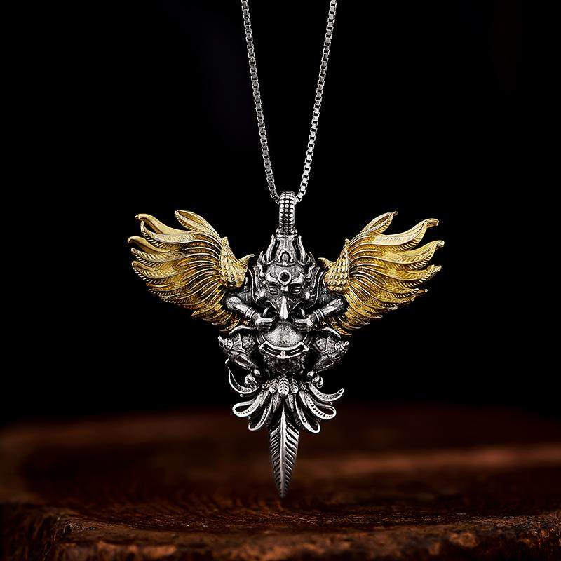 Pure handmade 3D Garuda silver pendant with copper inlay, Tibetan Buddhist ethnic guardian amulet necklace, Jewelry Art.