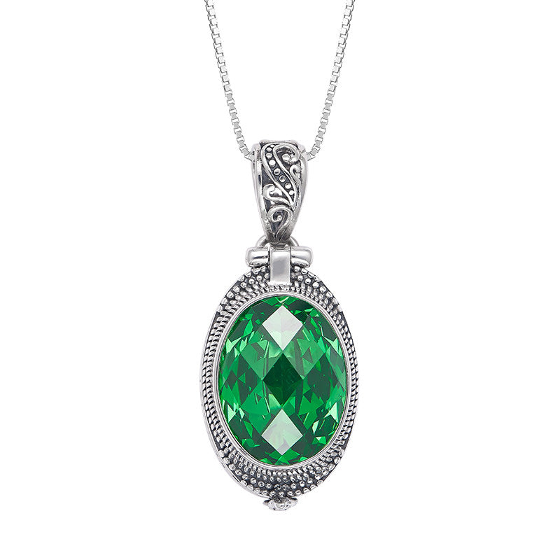 Ethnic green zircon silver Gau Box pendant, unisex Tibetan necklace, ideal for meditation, gifting, and spiritual energy, Tibetan Buddhist Jewelry Culture Jewelry art