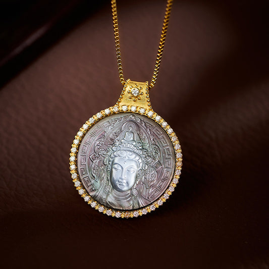 Handcrafted Tibetan Buddhist Guanyin pendant in S925 silver with black mother-of-pearl and cubic zirconia, ethnic guardian necklace, Jewelry Art.