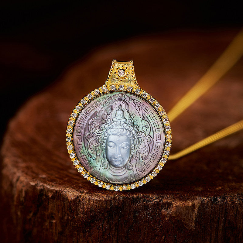 Pure handmade Guanyin pendant in silver with black pearl and CZ, Tibetan Buddhist guardian amulet necklace, Jewelry Art.